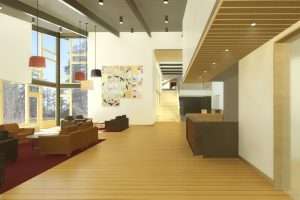 Peace Island Medical Center interior lobby with stair rendering