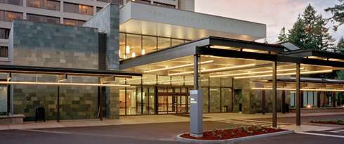 Providence St. Peter Hospital exterior entrance at night, Olympia, WA