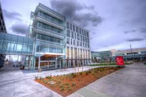 Exterior showing pedestrian skybridge at Virginia Mason Franciscan Health Medical Office Building at St. Joseph, Tacoma, WA