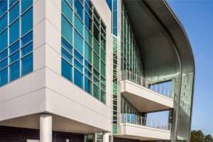 Raisbeck Aviation High School exterior detail of metal curve and window features