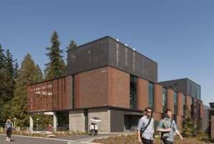University of Washington Bothell Discovery Hall exterior with students walking by