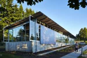 Vashon Island Library exterior showing two sides of wall length windows