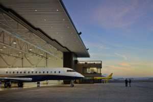 Airplane with nose out of the Northwest Airplane Hangar
