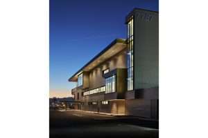 Side of the Northwest Airplane Hangar building at night