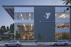 Exterior closeup of YMCA University of Washington Tacoma exterior street view