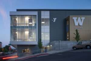 Exterior showing elevation change of YMCA University of Washington Tacoma exterior street view
