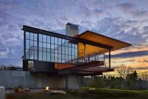 Berkshire Residence in Massachusetts featuring cantilevered roof and walk