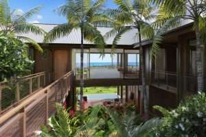 Ocean view from Kukui'ula Hale Kaimana Residence courtyard in Kauai, Hawaii