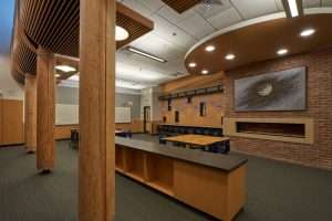 Interior fireside seating at La Conner Middle School