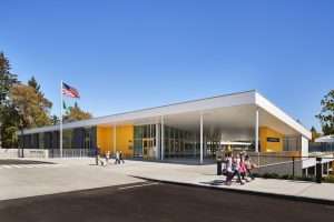 Northwood Elementary School exterior with students leaving school