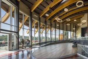 WSU Elson Floyd Cultural Center interior looking out under curved roof ribs