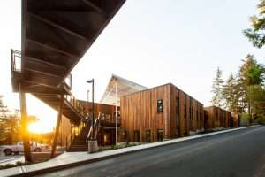SAMi Environmental Learning Center exterior under pedestrian walkway at Point Defiance Park, Tacoma, Washington