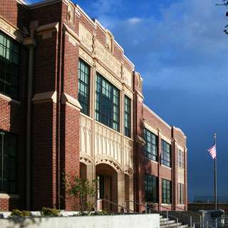 McCarver Elementary School exterior front steps featuring historic masonry fascade