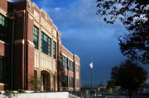 McCarver Elementary School exterior front steps featuring historic masonry fascade