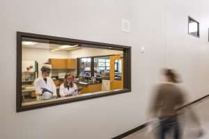 W.F. West High School STEM Addition interior lab room through window