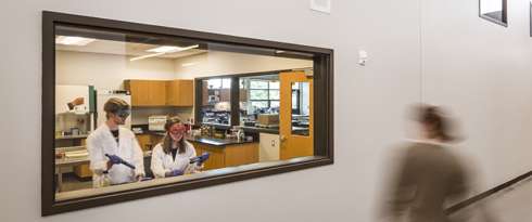 W.F. West High School STEM Addition interior lab room through window