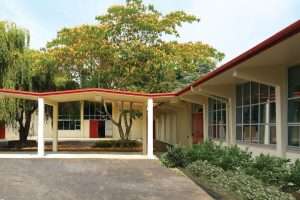 Cedar Park Elementary School exterior walks featuring historic roof lines designed by Paul Thiry