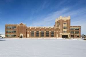 Natrona County High School exterior in the snow