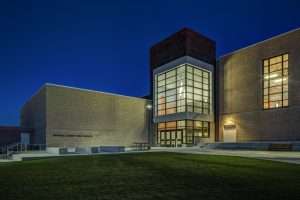 Natrona County High School exterior entrance at night