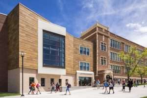 Natrona County High School exterior showing new addition joining historic structure 