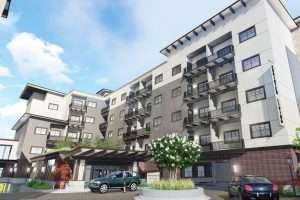 Belle Harbour Senior Living exterior closeup rendering, Bellevue, WA