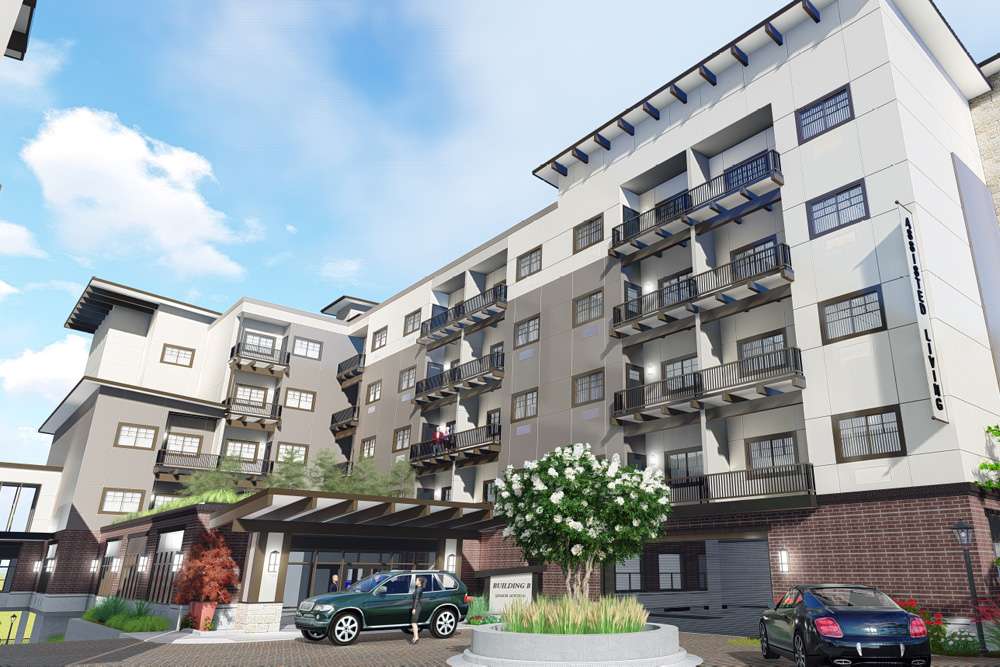 Belle Harbour Senior Living exterior closeup rendering, Bellevue, WA
