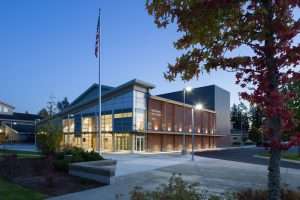 Bonney Lake High School Performing Arts Center exterior at night, Bonney Lake, WA