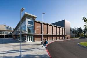 Bonney Lake High School Performing Arts Center exterior with students walking by, Bonney Lake, WA