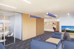 Columbia Gorge Community College Student Housing interior seating area render, The Dalles, Oregon
