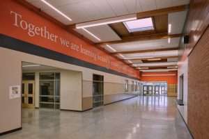 interior hallway at Centralia High School featuring school motto graphic, Centralia, WA
