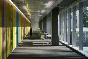 Highline College Health and Life Sciences Building interior hallway with colored panels catching light,  Des Moines, WA