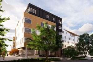 Exterior rendering of Hinoki Apartments at Seattle Housing Authority Yesler Terrace, Seattle, WA