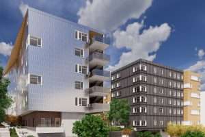 Exterior side view rendering of Hinoki Apartments at Seattle Housing Authority Yesler Terrace, Seattle, WA