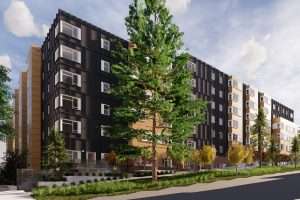 Exterior rendering of Hinoki Apartments at Seattle Housing Authority Yesler Terrace, Seattle, WA