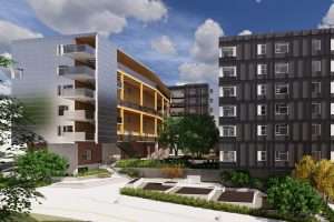 Exterior courtyard view rendering of Hinoki Apartments at Seattle Housing Authority Yesler Terrace, Seattle, WA