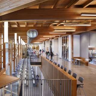 Highline High School hallway outside library overlooking interior lunch area, Burien, WA