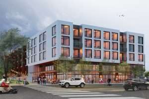 Mercer Island Lofts exterior corner view rendering, Mercer Island, WA