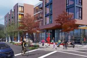 Mercer Island Lofts southeast exterior view rendering, Mercer Island, WA