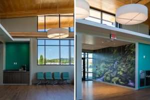 WSECU Building interior composite, showing side-by-side images of the interior, including teal wall highlights, wood roof, and daylight through windows.