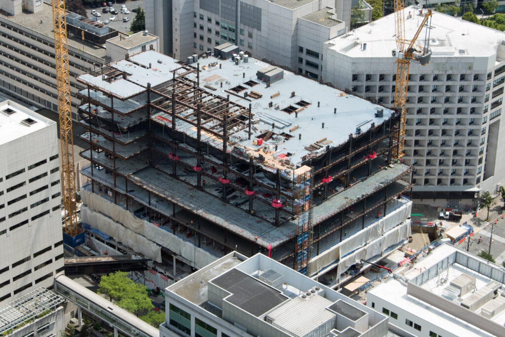 An aerial photograph of the Swedish North Tower under construction.
