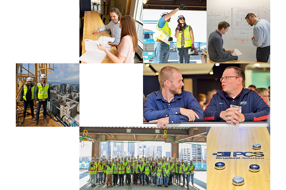 A collage of photos in the shape of the PCS square logo, featuring different PCS staff interacting at work.