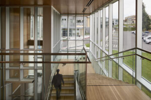 A person walks up a wood staircase surrounded by floor-to-ceiling windows.